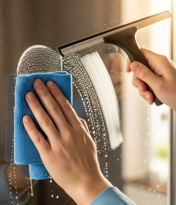 Gently wiping window glass with a microfiber cloth for daily window cleaning