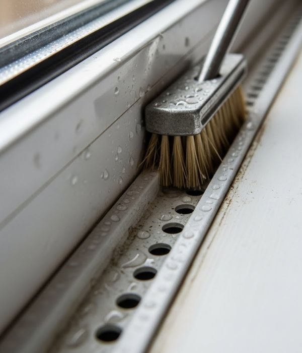 Cleaning window tracks and drainage holes to prevent moisture buildup