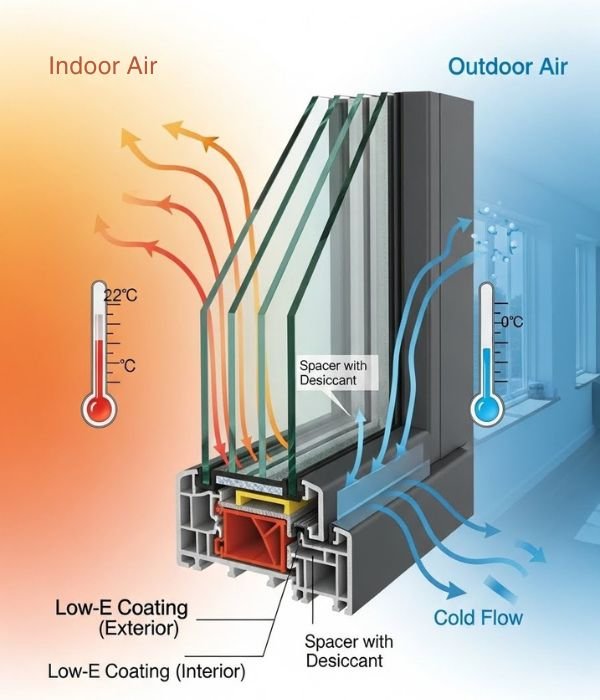 Energy-efficient windows reducing heat loss in a modern home