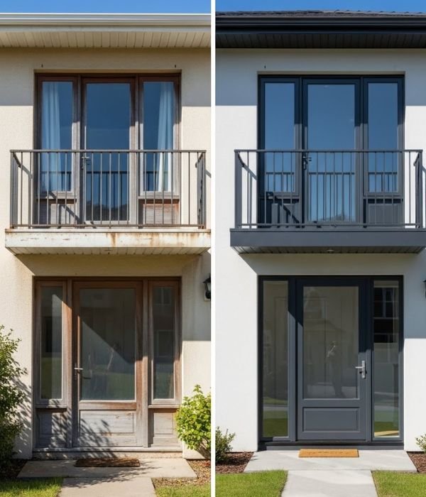 Home exterior before and after window and door replacement