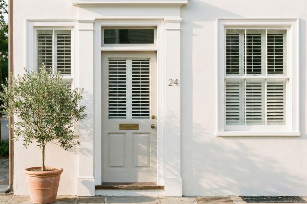 White house entrance with a gray door and shuttered windows.