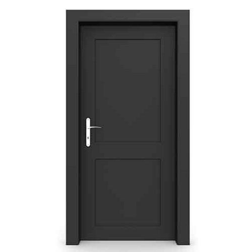 a black door with silver handle